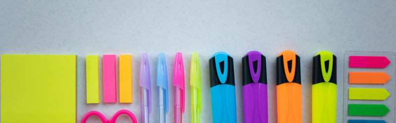 Highlighters, pens, and sticky notes